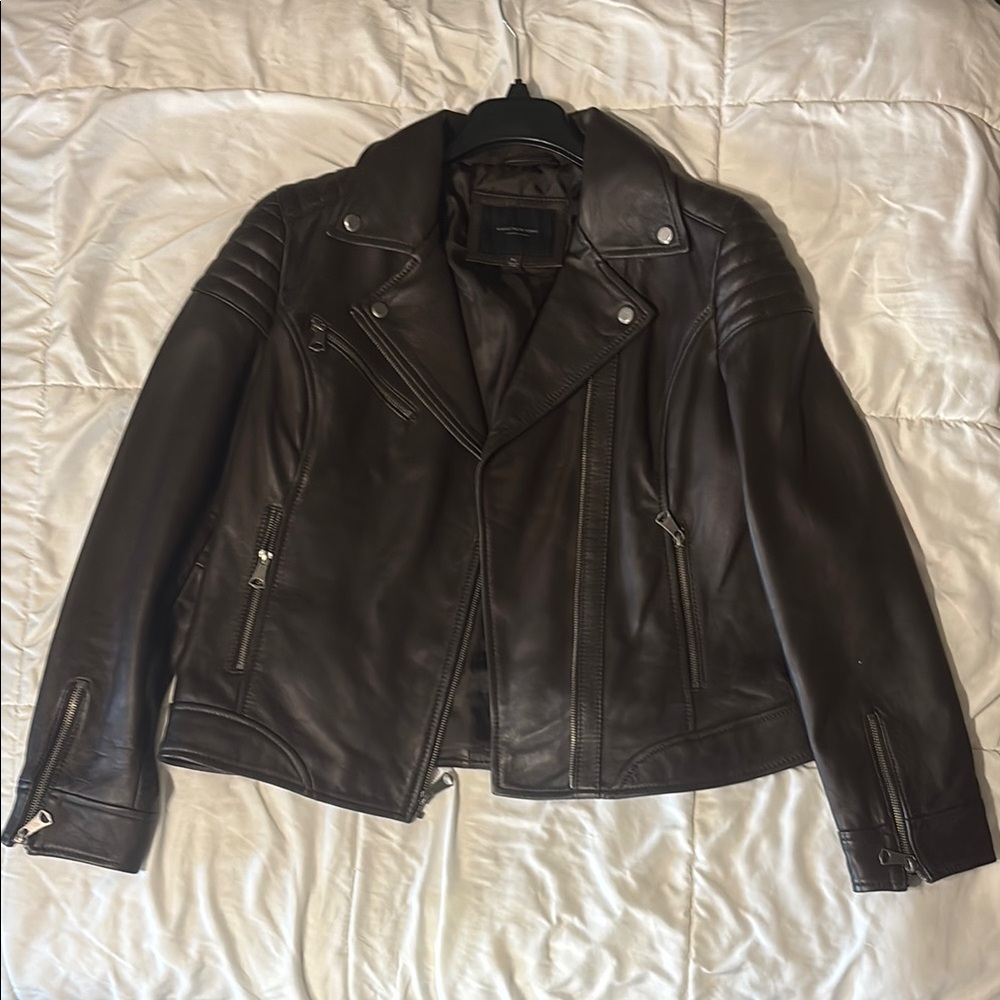 Marc New York Women’s Brown Leather Motorcycle Jacket with Quilted Shoulders
